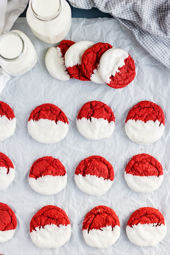 White Chocolate Dipped Red Velvet Cookies